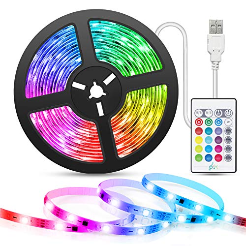 Taśma świetlna LED synchronizacja muzyki, TASMOR 5 m, zasilana przez USB, taśma świetlna LED z pilotem zdalnego sterowania, RGB 5050, 4 tryby dynami, 16 kolorów, możliwość ściemniania, zmiana kolorów, taśma LED, podświetlenie telewizora do dekoracji sypialni, telewizora, komputera, lustra