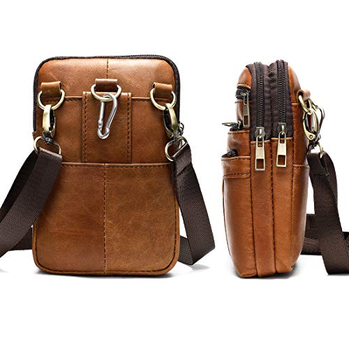 Torba na telefon komórkowy dla mężczyzn, skórzana torba na pas brązowa, pionowa, wielopoziomowa, skórzana torba na pas z uchwytem na telefon komórkowy z karabińczykiem i pętlą na pasek - obrazek 7