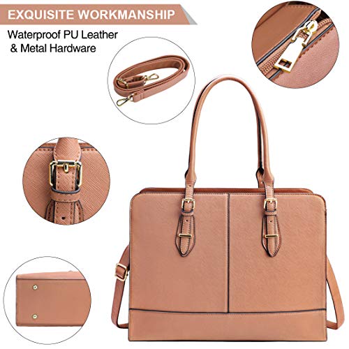 Lubardy Torby na laptopa dla kobiet 15,6 cala damska skórzana torba na laptopa torebki robocze damska torba na ramię biuro, Brązowy, L - obrazek 5