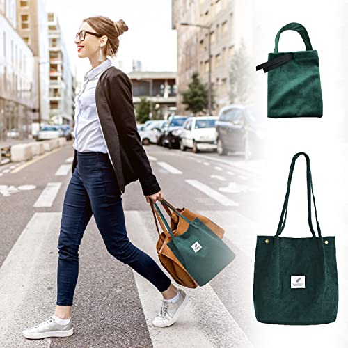 1 biała torba na ramię z 1 zieloną torbą na ramię, modna płócienna torba ze sztruksu, duża pojemność, na co dzień, do biura, w podróży (biała) - obrazek 5