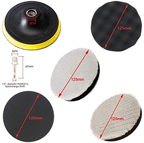 JIGUOOR podkładki polerskie, polerskie gąbki polerowanie samochodowe polerki wełniane bufory polerskie do wiercenia lakieru woskowego czysty poler, profesjonalny zestaw polerek samochodowych z adapterem wiertarki M14 - 125 mm 125 cm - obrazek 8