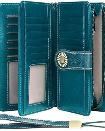 Teuen skórzany damski portfel o dużej pojemności, blokowanie RFID, z paskiem na nadgarstek, 26 przegródek na karty, portfel z zamkiem błyskawicznym, kieszeń na monety