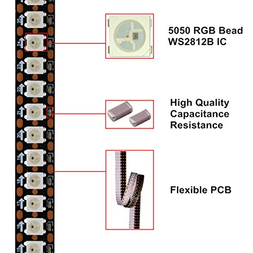 YUNBO WS2812B adresowalna taśma LED 1 m 144 pikseli, RGB 5050 SMD 5 V czarna płytka drukowana (PCB), IP67, wodoodporna, możliwość przycięcia, inteligentne elastyczne oświetlenie LED - obrazek 5
