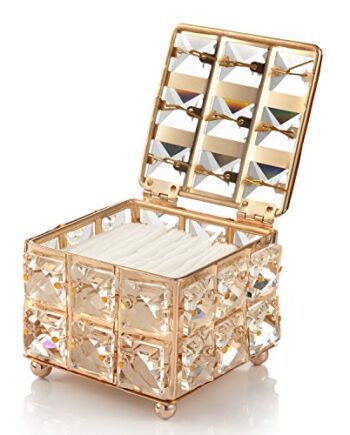 Comius Sharp Kryształowy pojemnik do przechowywania kosmetyków, małe pudełko kosmetyczne z pokrywką, do dozownika wacików i uchwytów na pałeczki higieniczne, kwadratowe pudełko do przechowywania makijażu z wzorem w romby (złoty)