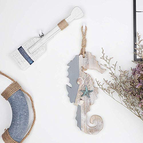 Smallterm Konik morski z drewna z gwiazdami morskimi i muszlami do dekoracji morskiej, dekoracja ścienna, ozdoba na plażę, temat, główna dekoracja - obrazek 5