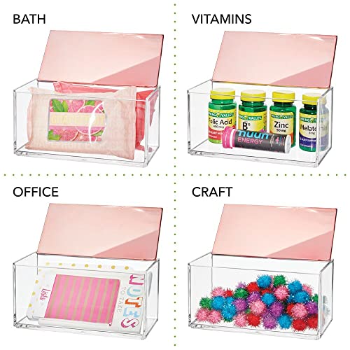 mDesign Organizer na kosmetyki do makijażu lub biżuterię – Plastikowe pudełko na kosmetyki z zamykaną pokrywką – Elegancki pojemnik do przechowywania – Przezroczysty/różowe złoto - obrazek 5