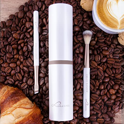 Zestaw pędzli do makijażu Luvia, zestaw podróżny Macchiato, 5 pędzli kosmetycznych wraz z pojemnikiem na pędzle do makijażu, wegańskie (Biały / Macchiato) - obrazek 4