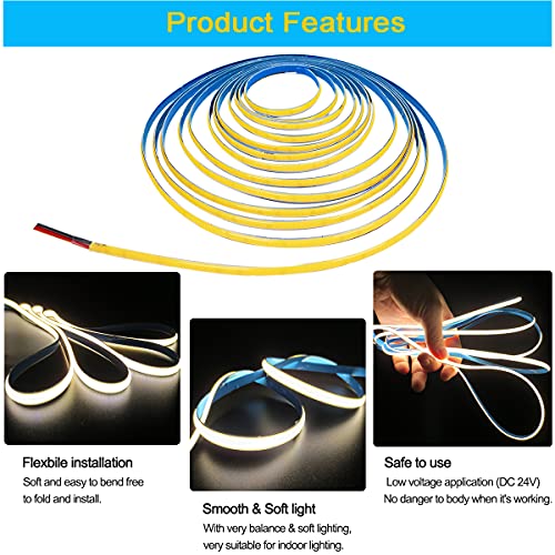 Taśma LED 24 V, szerokość 5 mm, ultra cienka taśma LED COB naturalna biel 4000 K 5 m 480 diod LED/m, łącznie 2400 diod LED, neonowe światło LED, listwa świetlna na imprezę, ladę, regał, do mieszkania - obrazek 5