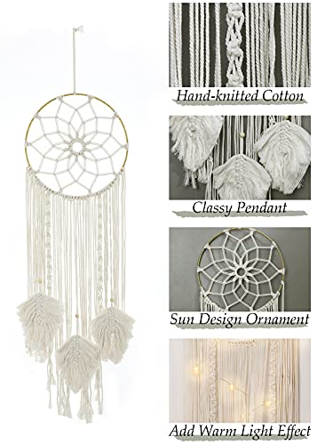 Shinowa Koło łapacz snów, bawełniana tkanina ścienna wiszący księżyc łapacz snów z wróżkami okrągła makrama dekoracja ścienna boho dekoracja kreatywna frędzle dom wiszące boho ozdoba rzemiosło, beżowy - obrazek 6