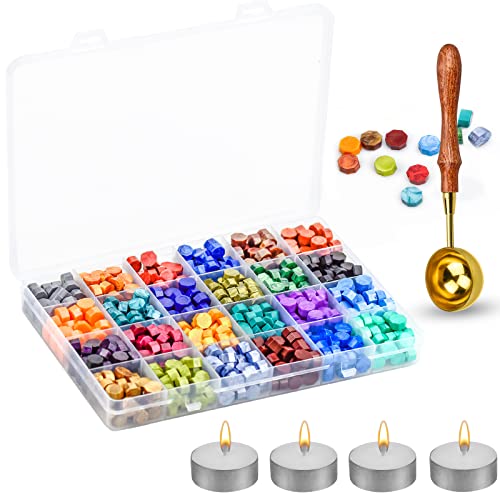 Zestaw 600 sztuk pereł z wosku pieczęciowego w stylu vintage, kolorowe uszczelki, perełki, 24 kolory, zestaw pieczęci z woskiem ośmiokątnym, z 4 świeczkami i 1 łyżką do topienia wosku, stempli, listów, zaproszeń ślubnych, kartek - obrazek 2