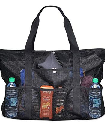 azamp Duża torba plażowa z siatki, torba plażowa, torba plażowa, torba na plażę, torba na zakupy dla rodziny, na świeżym powietrzu, czarna, czarny, 70 × 18 × 45 cm