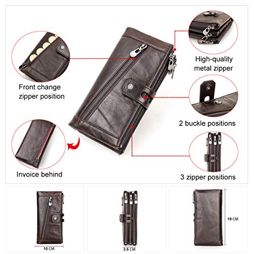 Contacts Portfel z prawdziwej skóry dla mężczyzn, duża pojemność rozkładana książeczka czekowa organizer sprzęgło, 3 torebki na zamek błyskawiczny długi portfel z 12 przegródkami na karty (kawowy), Kawa, Jeden rozmiar, Vintage - obrazek 4