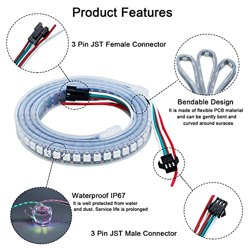 YUNBO WS2812B adresowalna taśma LED 1 m 144 pikseli, RGB 5050 SMD 5 V czarna płytka drukowana (PCB), IP67, wodoodporna, możliwość przycięcia, inteligentne elastyczne oświetlenie LED - obrazek 9
