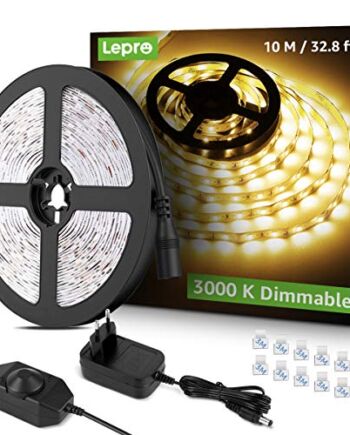 Lepro Taśma LED 10 m, ciepła biel, 3000 K, możliwość ściemniania, 600 diod LED, 2835, samoprzylepna, bardzo jasna, listwa świetlna LED z zasilaczem, łańcuch świetlny do wnętrz, kuchni, domu