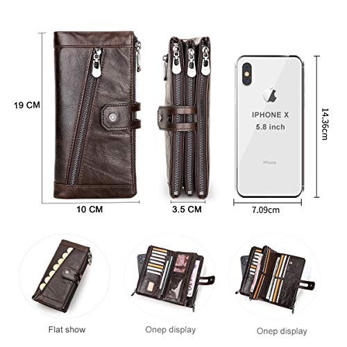 Contacts Portfel z prawdziwej skóry dla mężczyzn, duża pojemność rozkładana książeczka czekowa organizer sprzęgło, 3 torebki na zamek błyskawiczny długi portfel z 12 przegródkami na karty (kawowy), Kawa, Jeden rozmiar, Vintage - obrazek 7