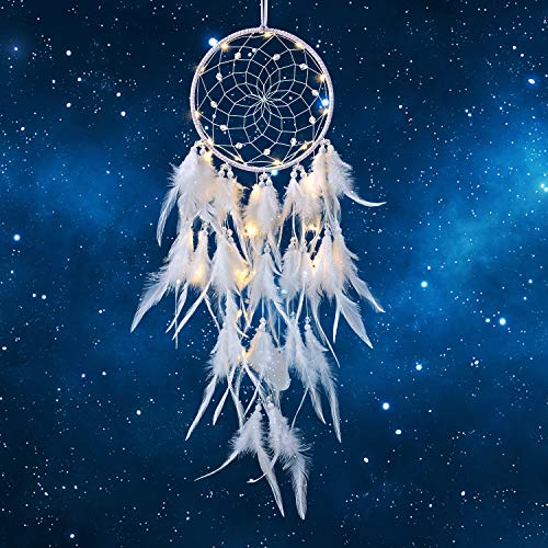 Hongyans Łapacz snów z oświetleniem LED, ręcznie wykonany, łapacz snów z piórami, dekoracja do sypialni, na wesele, ozdoba na ścianę, ornament, dla dziewczynek, dzieci, prezent - obrazek 4