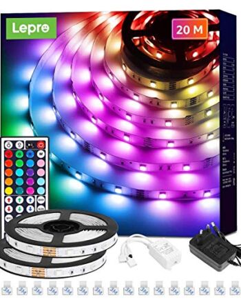 Lepro Taśma LED 20 m (2 x 10 m) RGB zestaw 5050 SMD 600 taśm LED, 12 V, taśma samoprzylepna LED, elastyczna taśma świetlna LED, łańcuch świetlny IP20, listwa LED, łańcuch z możliwością ściemniania, zasilacz i kontroler w zestawie
