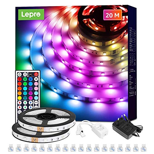 Lepro Taśma LED 20 m (2 x 10 m) RGB zestaw 5050 SMD 600 taśm LED, 12 V, taśma samoprzylepna LED, elastyczna taśma świetlna LED, łańcuch świetlny IP20, listwa LED, łańcuch z możliwością ściemniania, zasilacz i kontroler w zestawie