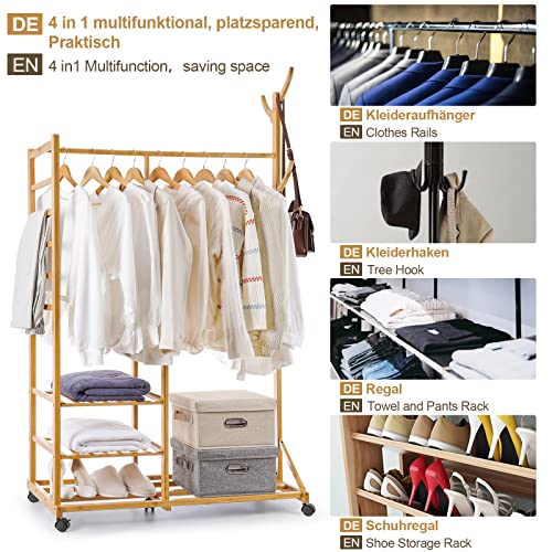 Yorbay wieszak garderobiany, bambusowy wieszak na ubrania z kółkami i drążkiem na ubrania, 3 półki, 6 haczyków, kształt drzewa, 100 x 38 x 176 cm, naturalny - obrazek 4