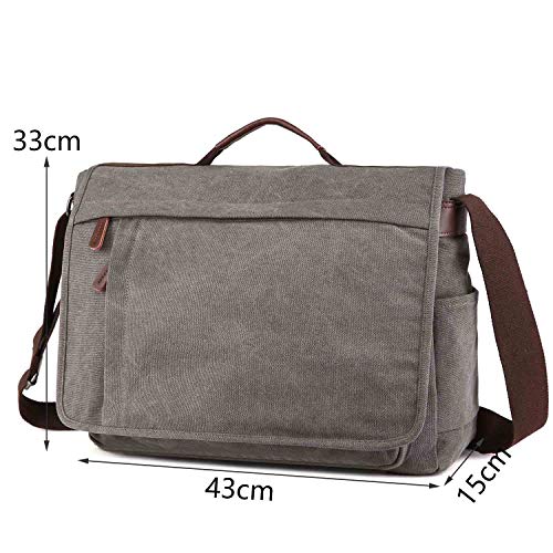 Neuleben wodoszczelna torba na laptopa o przekątnej ekranu 15,6 cala, w stylu vintage, torba na ramię, z płótna, ze skóry, męska, z uchwytem, z regulowanym paskiem na ramię, szary, Rozmiar uniwersalny, torba na ramię - obrazek 7