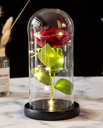 PIQIUQIU Świeczki LED "Piękna i Bestia" w szklanej kopule, zestaw róży wiecznej z jedwabiu, romantyczny prezent dla kobiet, na Boże Narodzenie, Walentynki, urodziny, wesele, rocznicę