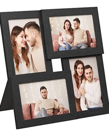 SONGMICS Ramki na zdjęcia, kolaż na 4 zdjęcia, 10 x 15 cm, montaż na ścianie, szklany przód, słoje drewna, czarne RPF25BK