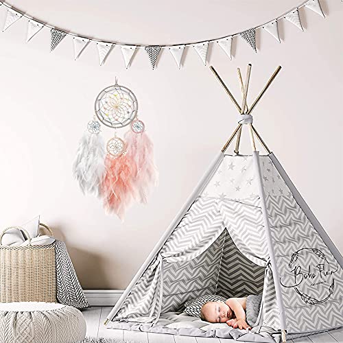 Bohemian dekoracja, łapacz snów, biały, dekoracja ścienna, łapacz snów, pióra łapacza snów, ręcznie robione łapacze snów, z drewnianymi perłami i naturalnymi piórami, ozdoba na ścianę - obrazek 4