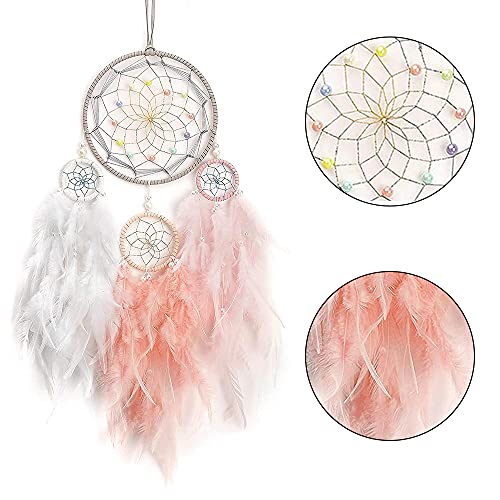 Bohemian dekoracja, łapacz snów, biały, dekoracja ścienna, łapacz snów, pióra łapacza snów, ręcznie robione łapacze snów, z drewnianymi perłami i naturalnymi piórami, ozdoba na ścianę - obrazek 5