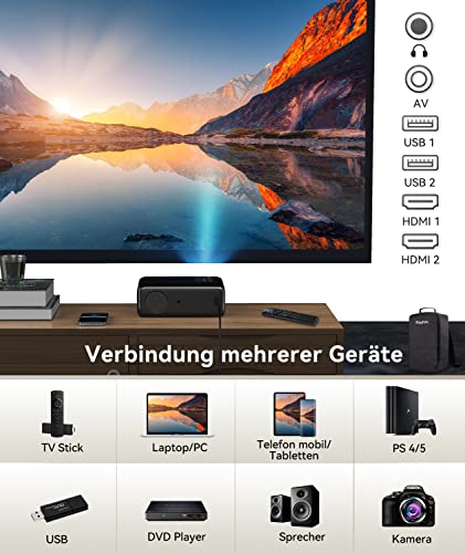 Projektor 4 K, 9500 l Full HD Native 1920 x 1080p, mini projektor, WiFi Bluetooth do wyświetlacza 4K 300", przenośny projektor LCD LED, kino domowe/na zewnątrz/konferencje, do iOS/Android/TV Stick, z Plecak - obrazek 2