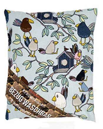 VITASIMPLEX poduszka ziołowa z 8 różnymi ziołami leczniczymi, takimi jak chmiel, melisa, koparka, mięta, płatki róży, lawenda, ysop, Quendel, poszewka zmywalna, motyw 342 (ptak) ok. 20 x 24 cm