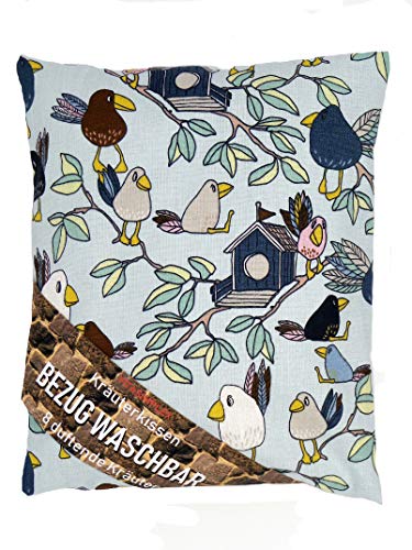 VITASIMPLEX poduszka ziołowa z 8 różnymi ziołami leczniczymi, takimi jak chmiel, melisa, koparka, mięta, płatki róży, lawenda, ysop, Quendel, poszewka zmywalna, motyw 342 (ptak) ok. 20 x 24 cm