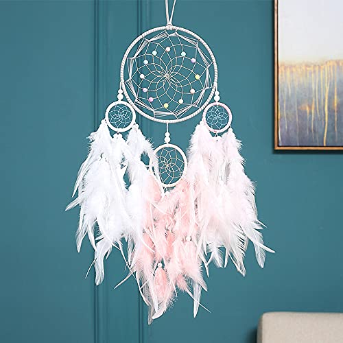 Bohemian dekoracja, łapacz snów, biały, dekoracja ścienna, łapacz snów, pióra łapacza snów, ręcznie robione łapacze snów, z drewnianymi perłami i naturalnymi piórami, ozdoba na ścianę - obrazek 2