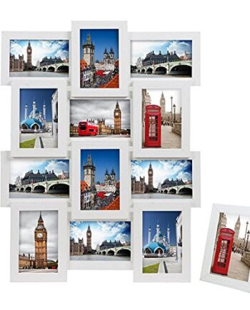 SONGMICS Ramka na zdjęcia kolaż na 12 zdjęć, każda 10 x 15 cm (4 x 6), z 1 pojedynczą ramką na zdjęcia, 13 zdjęć na kolaż, z płyty MDF, wymagany montaż, Boże Narodzenie, biała, z rysunkiem słojów drewna RPF112W
