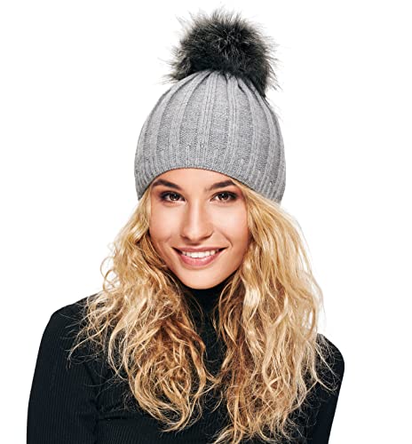 Zimowa ciepła czapka z dzianiny z dodatkiem kaszmiru, z sztucznym fute - obrazek 5