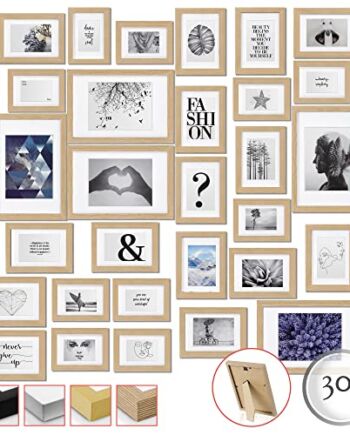bomoe 30szt Zestaw ramek na zdjęcia Emotion - Ramka na zdjęcia Kolaż na ścianę - Multi Ramka na zdjęcia Drewno i szkło plastikowe - 10x 10x 10,5x15cm / 15x 13x18cm / 5x 20x30cm - Dębowa Ramka na zdjęcia