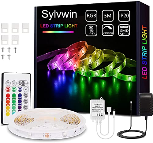 sylvwin Taśma LED o długości 5 m RGB,taśma LED z pilotem zdalnego sterowania,samoprzylepna z 16 zmienianymi kolorami,4 tryby pracy,do domu, sypialni,telewizora,dekoracji szafy, na imprezę
