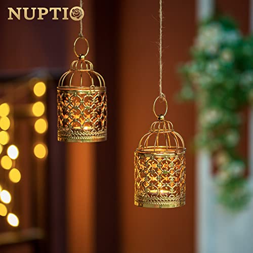 NUPTIO 2 sztuki mała latarnia wisząca klatka dla ptaków metalowa, złot - obrazek 3