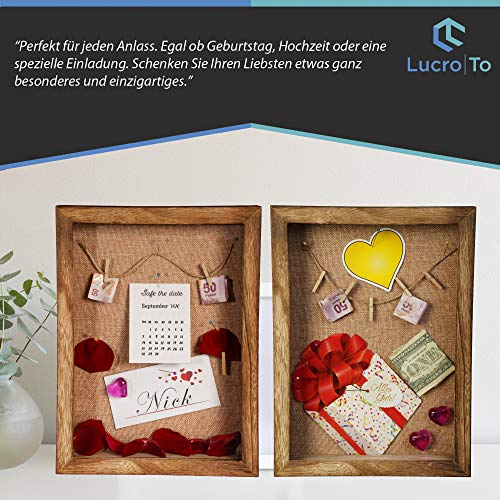LucroTo Drewniana ramka na zdjęcia 3D do napełniania brązowa (20,3 x 25,4 x 5,7 cm) I wszechstronne zastosowanie jako prezent pieniężny lub prezent ślubny wraz z akcesoriami - obrazek 4