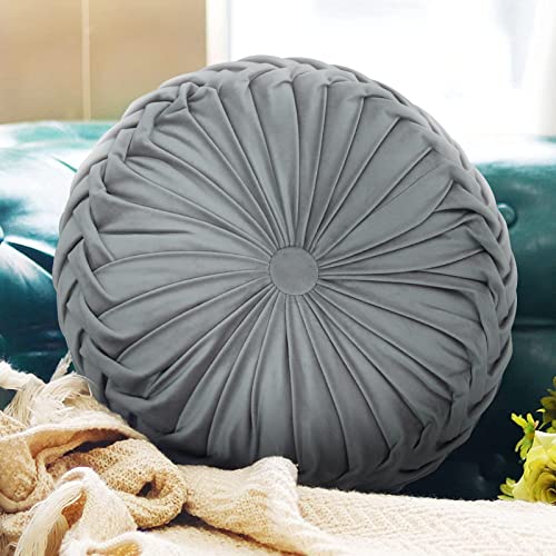 Boyigog Poduszka ozdobna Home 38 cm, okrągła poduszka w kształcie dyni, aksamitna plisy, ręcznie wykonana, poduszka na podłogę, do domu, na sofę, na kanapę, łóżko, dekoracja samochodu (szara-2)