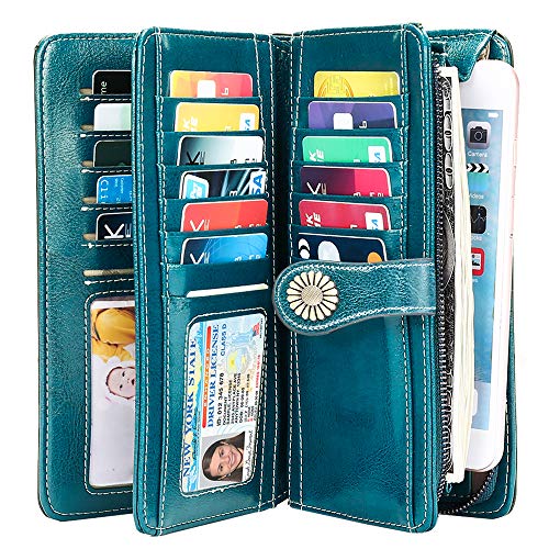 Teuen skórzany damski portfel o dużej pojemności, blokowanie RFID, z paskiem na nadgarstek, 26 przegródek na karty, portfel z zamkiem błyskawicznym, kieszeń na monety - obrazek 6