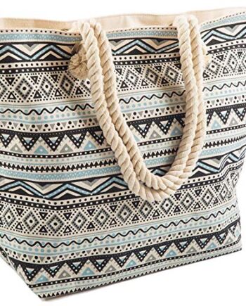 AIREE FAIREE Torba plażowa damska 47 x 35 x 15 cm duża letnia torba lniana linka Aztec wzór uchwyt