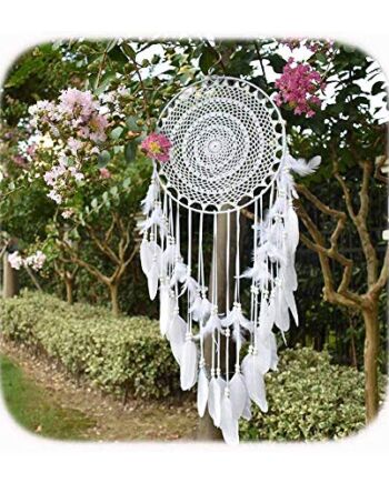 duży łapacz snów w stylu boho, z białymi piórami, makrama, ozdoba na ś