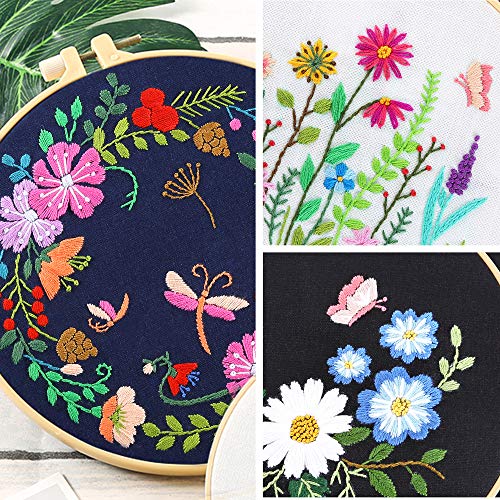 Pllieay 3 zestawy startowe do haftowania dla początkujących, z wzorami i instrukcjami (mogą nie być dostępne w języku polskim), w tym hafty z motywem kwiatowym, 3-częściowa ramka do haftowania wykonana z tworzywa sztucznego, kolorowe nici i narzędzia. - obrazek 4