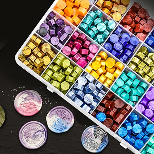 Zestaw 600 sztuk pereł z wosku pieczęciowego w stylu vintage, kolorowe uszczelki, perełki, 24 kolory, zestaw pieczęci z woskiem ośmiokątnym, z 4 świeczkami i 1 łyżką do topienia wosku, stempli, listów, zaproszeń ślubnych, kartek - obrazek 4