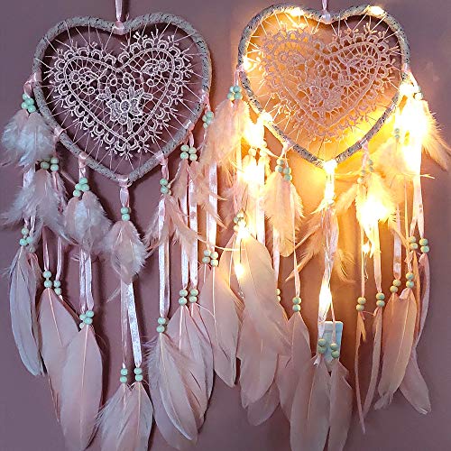 RAILONCH łapacz snów w stylu boho, w kształcie serca, ręcznie wykonany, lampa LED, ozdoba na ścianę, romantyczna dekoracja (kolor różowy, ze światłami) - obrazek 5