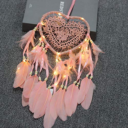 RAILONCH łapacz snów w stylu boho, w kształcie serca, ręcznie wykonany, lampa LED, ozdoba na ścianę, romantyczna dekoracja (kolor różowy, ze światłami) - obrazek 9