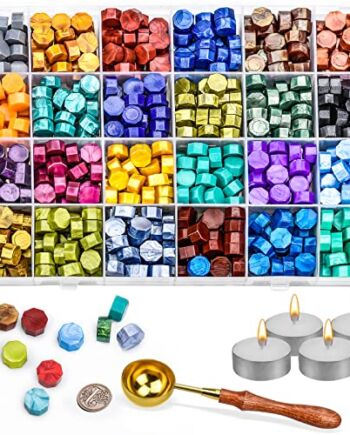 Zestaw 600 sztuk pereł z wosku pieczęciowego w stylu vintage, kolorowe uszczelki, perełki, 24 kolory, zestaw pieczęci z woskiem ośmiokątnym, z 4 świeczkami i 1 łyżką do topienia wosku, stempli, listów, zaproszeń ślubnych, kartek