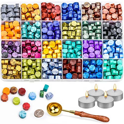 Zestaw 600 sztuk pereł z wosku pieczęciowego w stylu vintage, kolorowe uszczelki, perełki, 24 kolory, zestaw pieczęci z woskiem ośmiokątnym, z 4 świeczkami i 1 łyżką do topienia wosku, stempli, listów, zaproszeń ślubnych, kartek