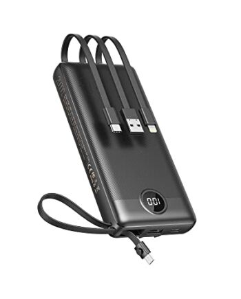 VEEKTOMX Power bank z wbudowanymi kablami 20000mAh Przenośna ładowarka z 5 wyjściami i wyświetlaczem LED Zewnętrzna akumulator Kompatybilna z iPhone pro/iPad/Samsung/Huawei/USB wentylatory (Czarny)