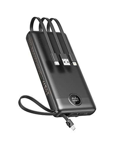 VEEKTOMX Power bank z wbudowanymi kablami 20000mAh Przenośna ładowarka z 5 wyjściami i wyświetlaczem LED Zewnętrzna akumulator Kompatybilna z iPhone pro/iPad/Samsung/Huawei/USB wentylatory (Czarny)